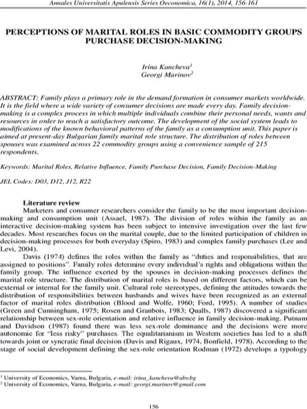 Perceptions of Marital Roles in Basic Commodity Groups Purchase Decision-making