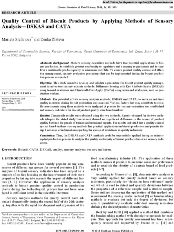 Quality Control of Biscuit Products by Applying Methods of Sensory Analysis - DSKAS and CATA