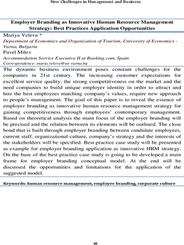 Employer Branding as Innovative Human Resource Management Strategy: Best Practices Application Opportunities