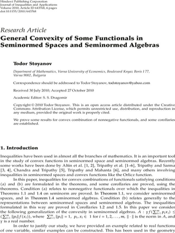 General Convexity of Some Functionals in Seminormed Spaces and Seminormed Algebras