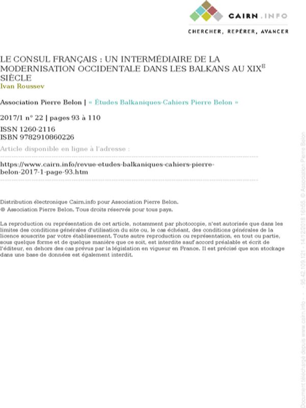 Le consul francais : un intermediaire de la modernisation occidentale dans les Balkans au XIX-eme siecle