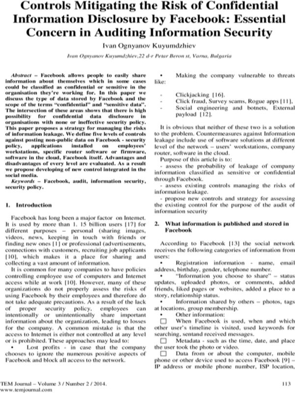 Controls Mitigating the Risk of Confidential Information Disclosure by Facebook: Essential Concern in Auditing Information Security