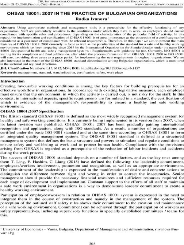 OHSAS 18001: 2007 in the Practice of Bulgarian Organizations