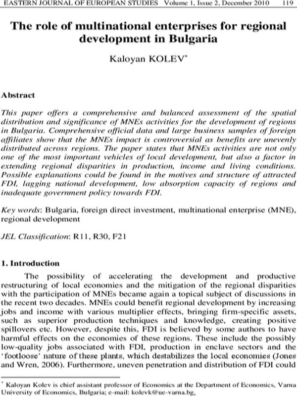 The Role of Multinational Enterprises for Regional Development in Bulgaria
