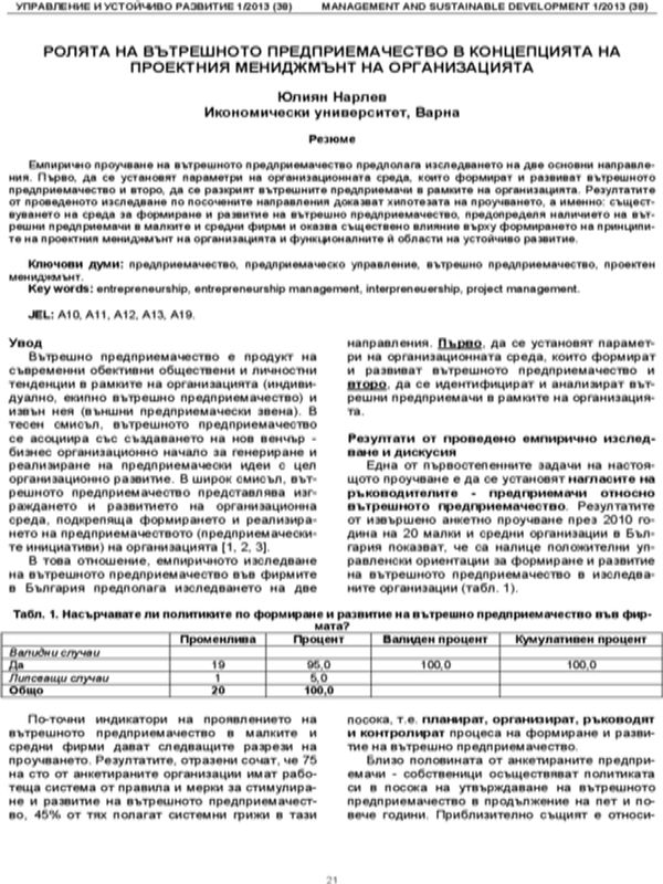 Ролята на вътрешното предприемачество в концепцията на проектния мениджмънт на организацията