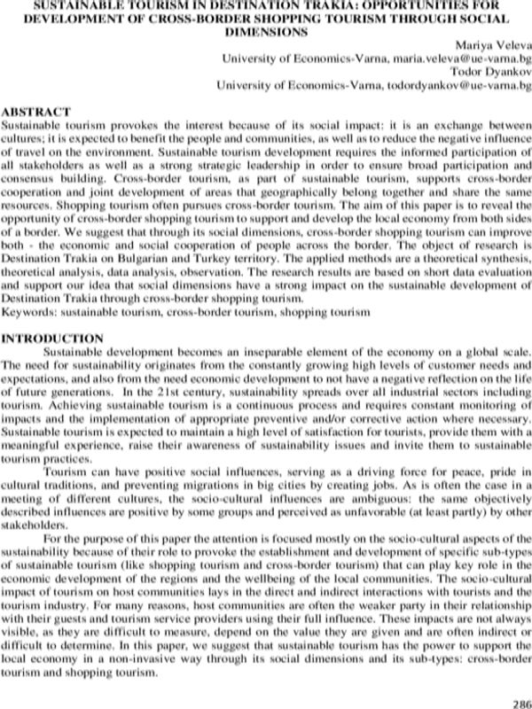 Sustainable Tourism In Destination Trakia: Opportunities For Development Of Cross-Border Shopping Tourism Through Social Dimensions