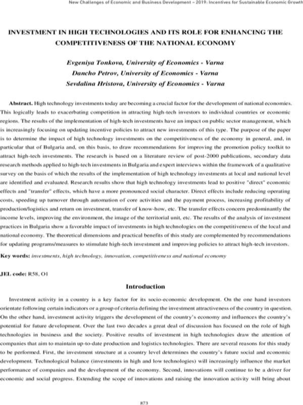 Investment in High Technologies and Its Role for Enhancing the Competitiveness of National Economy