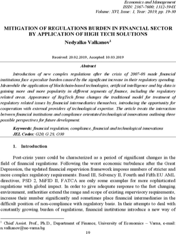 Mitigation of Regulations Burden in Financial Sector by Application of High Tech Solutions