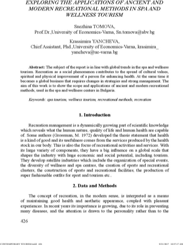 Exploring the Applications of Ancient and Mofern Recreational Methods in Spa and Wellness Tourism