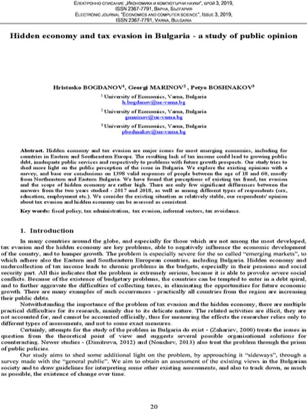 Hidden Economy and Tax Evasion in Bulgaria - a Study of Public Opinion