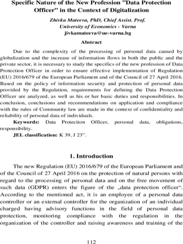 Specific Nature of the New Profession „Data Protection Officer” in the Context of Digitalization