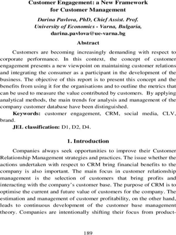 Customer Engagement : a New Framework for Customer Management