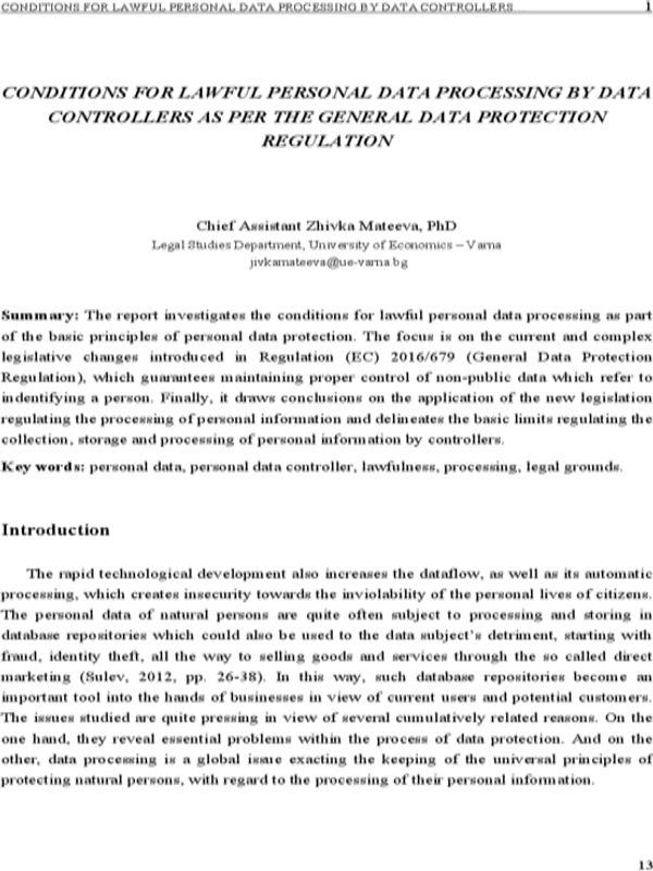 Conditions for Lawful Personal Data Processing by Data Controllers as per the General Data Protection Regulation