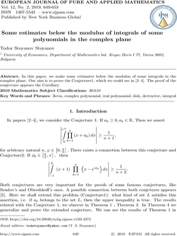 Some Estimates below the Modulus of Integrals of Some Polynomials in the Complex Plane