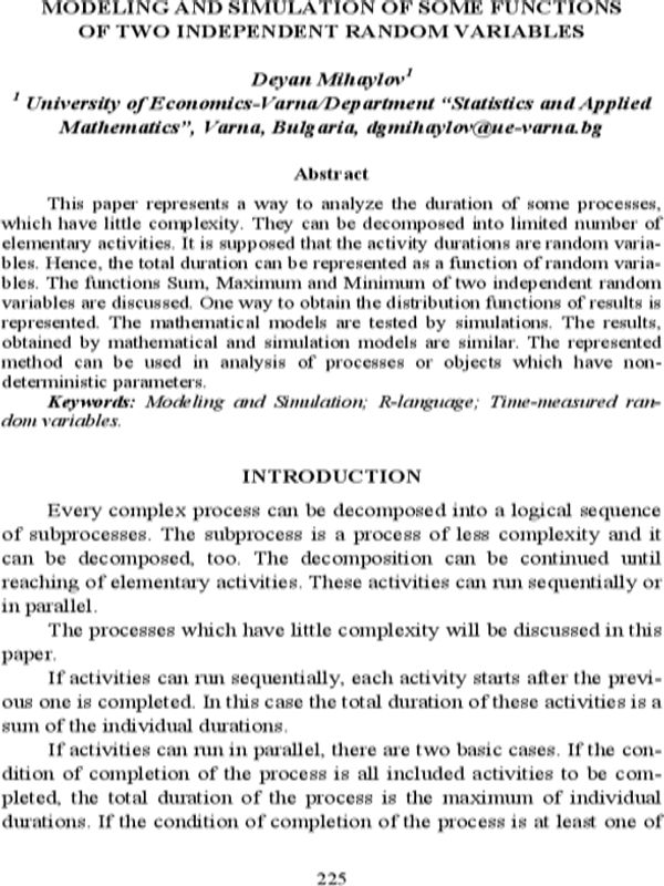 Modeling and Simulation of Some Functions of Two Independent Random Variables