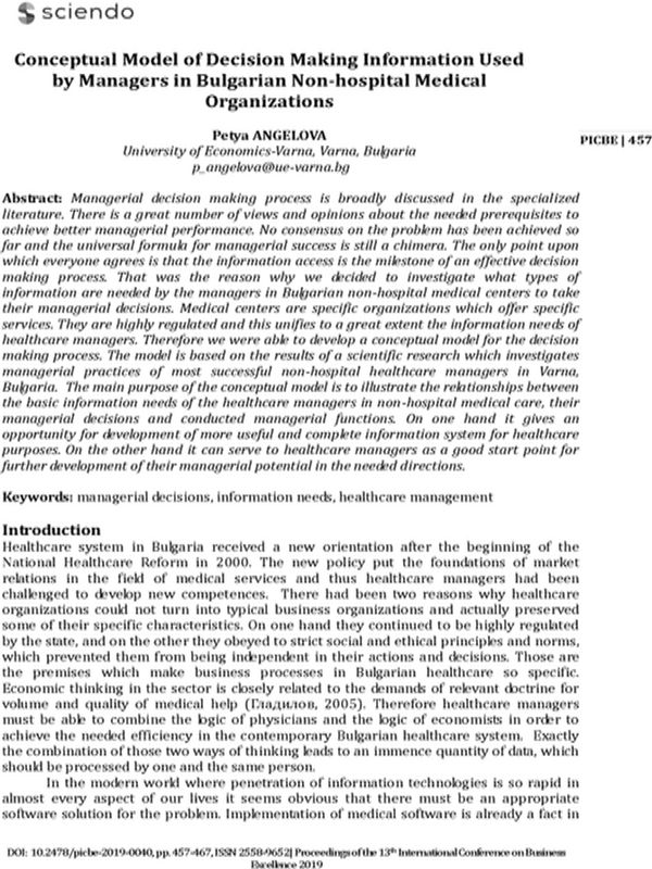 Conceptual Model of Decision Making Information Used by Managers in Bulgarian Non-hospital Medical Organizations