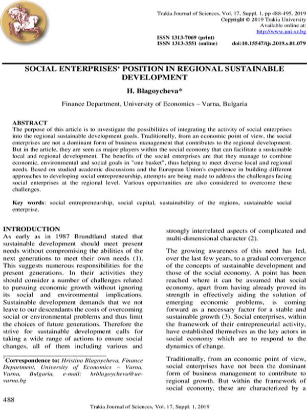 Social Enterprises‘ Position in Regional Sustainable Development
