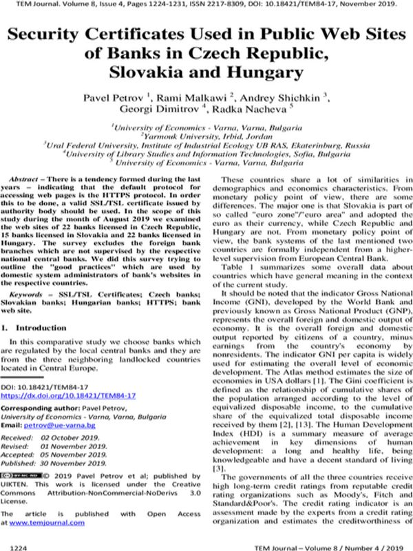 Security Certificates Used in Public Web Sites of Banks in Czech Republic, Slovakia and Hungary