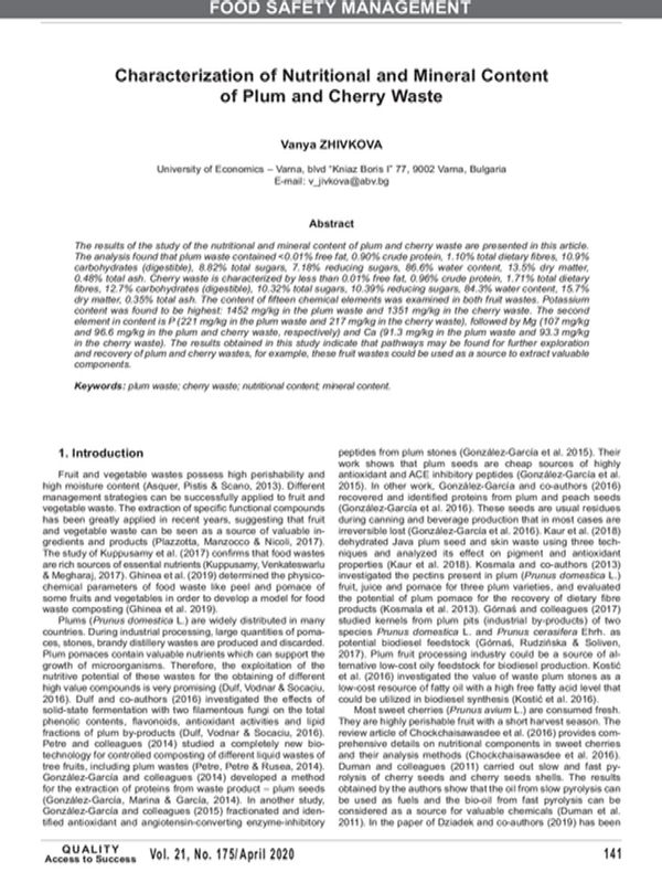 Characterization of Nutritional and Mineral Content of Plum and Cherry Waste