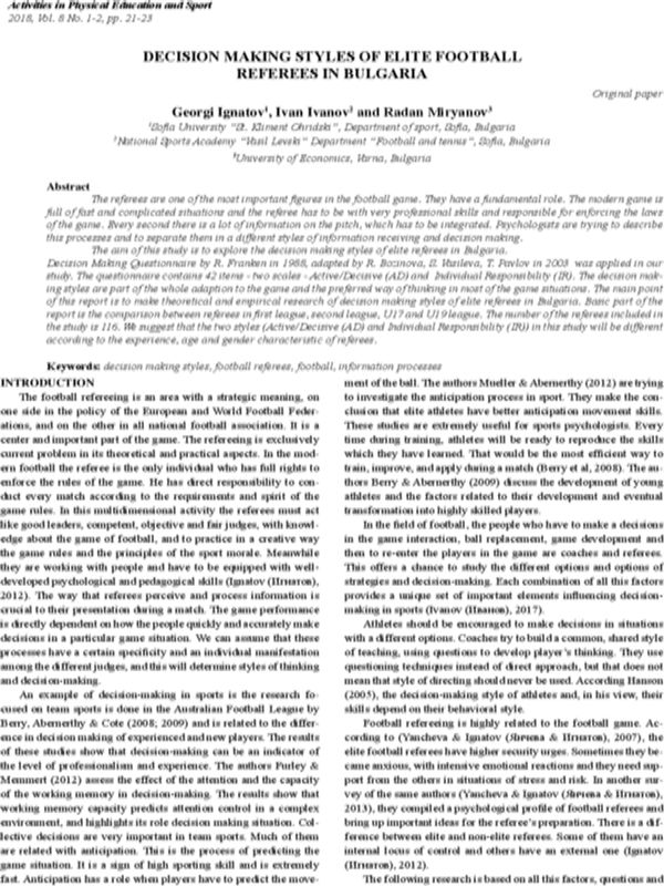 Decision Making Styles of Elite Football Referees in Bulgaria