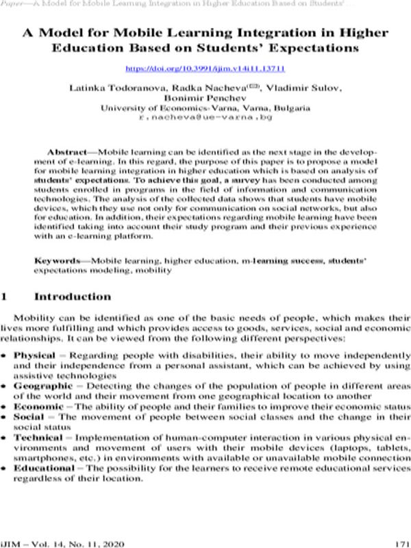 A Model for Mobile Learning Integration in Higher Education Based on Students’ Expectations