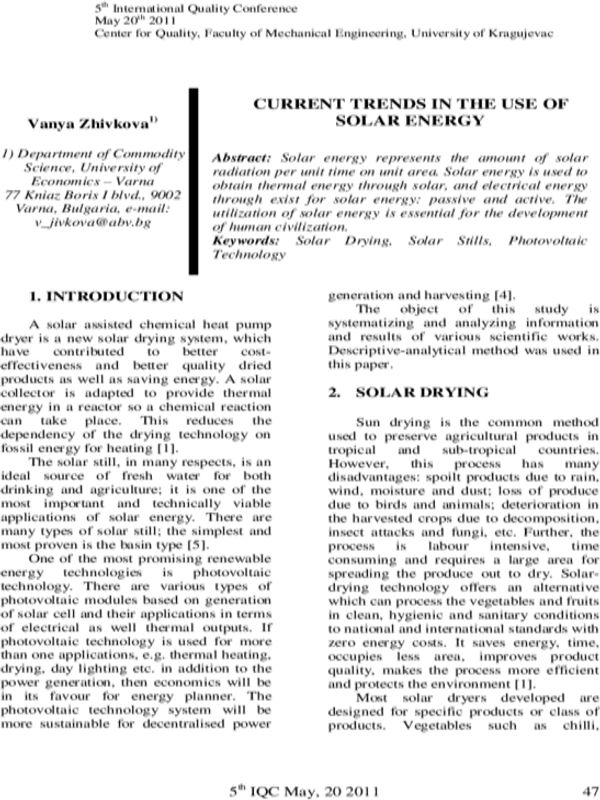 Current Trends in the Use of Solar Energy