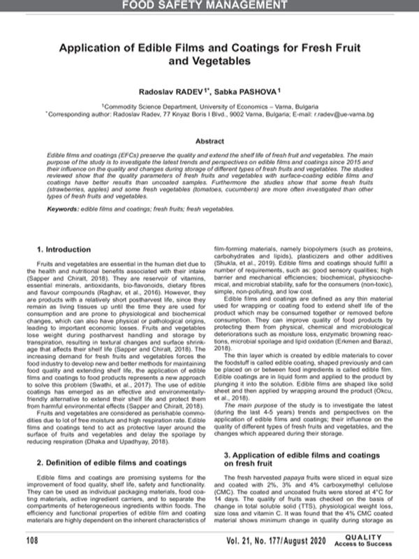 Application of Edible Films and Coatings for Fresh Fruit and Vegetables