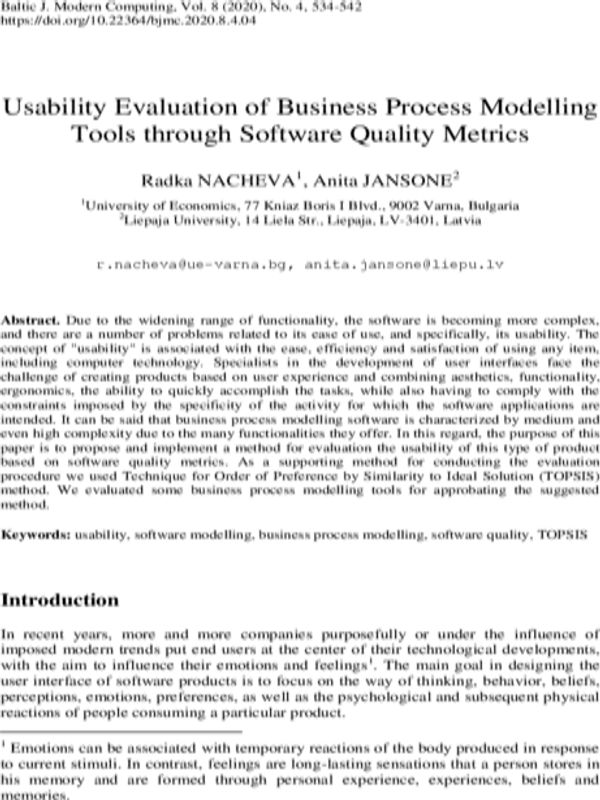 Usability Evaluation of Business Process Modelling Tools through Software Quality Metrics