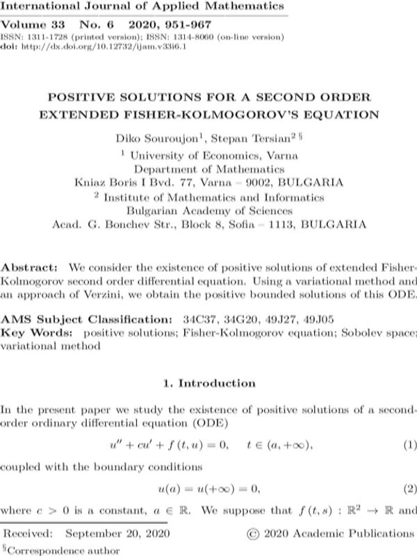 Positive Solutions for a Second Order Extended Fisher-Kolmogorov's Equation