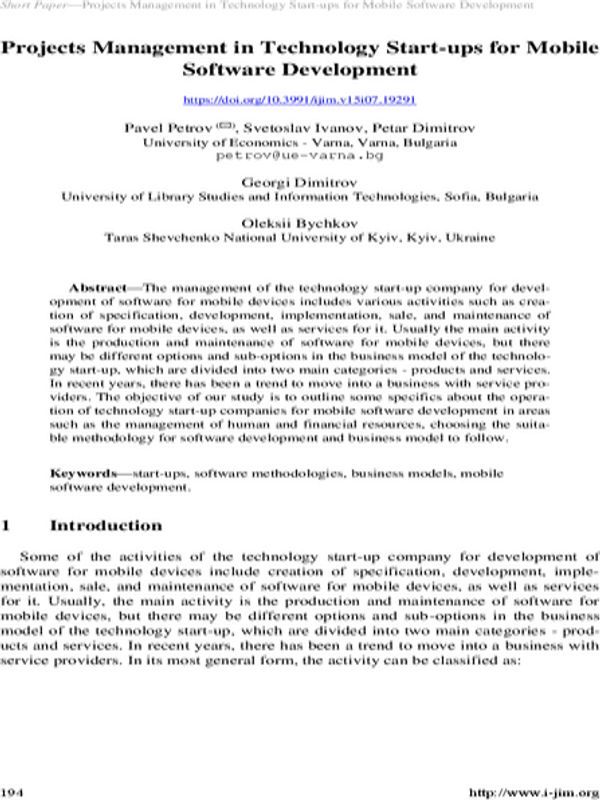Projects Management in Technology Start-ups for Mobile Software Development