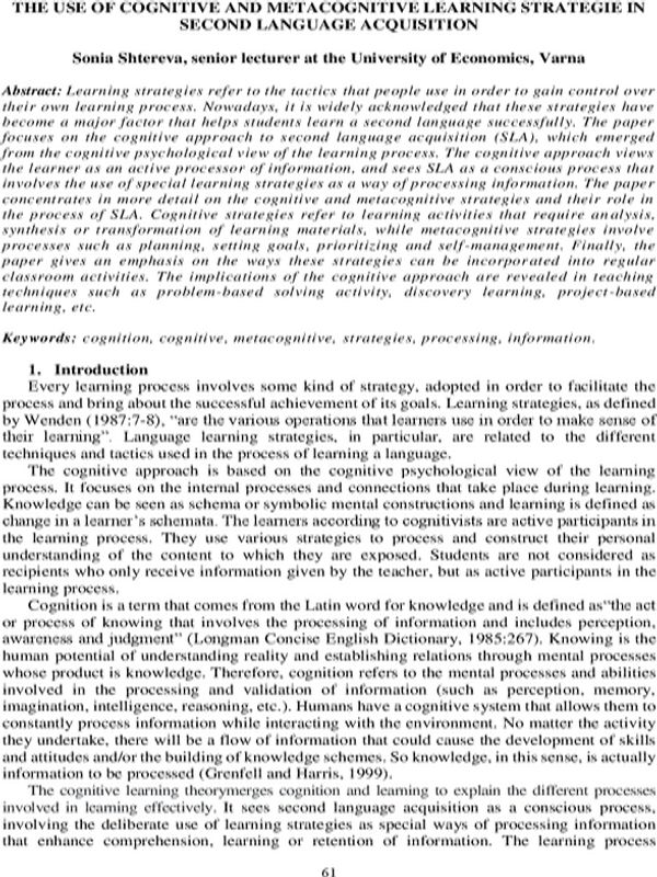 The Use of Cognitive and Metacognitive Learning Strategies in Second Languauge Acquisition