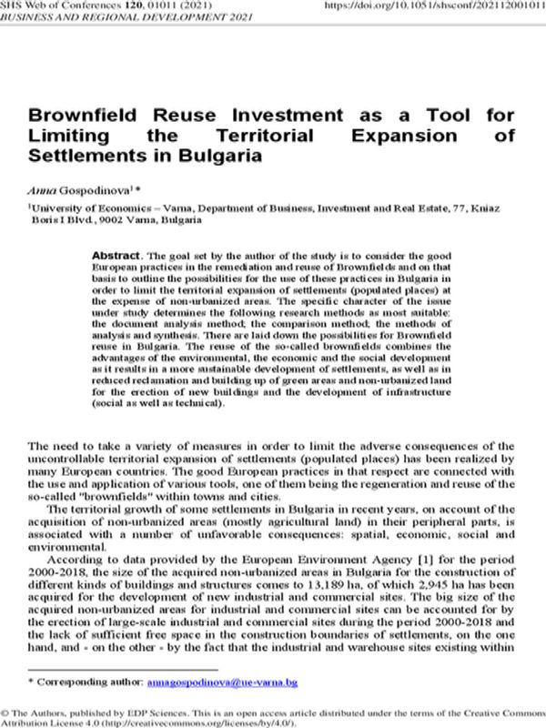 Brownfield Reuse Investment as a Tool for Limiting the Territorial Expansion of Settlements in Bulgaria