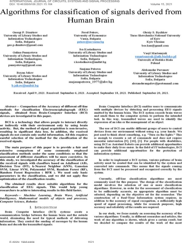 Algorithms for Classification of Signals Derived from Human Brain