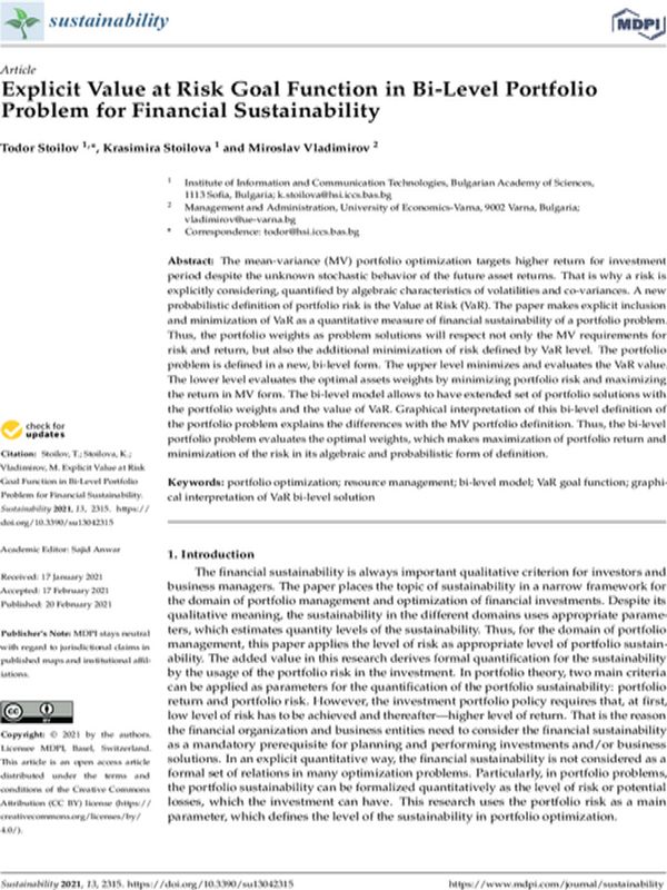 Explicit Value at Risk Goal Function in Bi-Level Portfolio Problem for Financial Sustainability