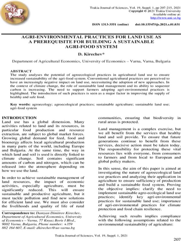 Agri-environmental Practices for Land Use as a Prerequisite for Building a Sustainable Agri-Food System