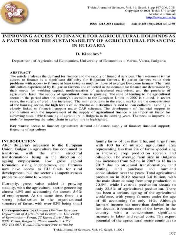 Improving Access to Finance for Agricultural Holdings as a Factor for the Sustainability of Agricultural Financing in Bulgaria