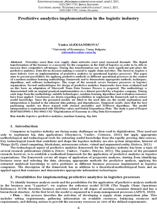 Predictive Analytics Implementation in the Logistic Industry