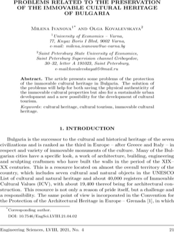 Problems Related to the Preservation of the Immovable Cultural Heritage of Bulgaria