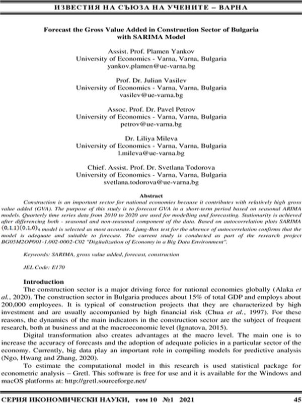 Forecast the Gross Value Added in Construction Sector of Bulgaria with SARIMA Model