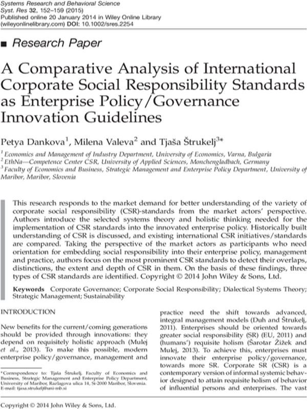 Comparative Analysis of International Corporate Social Responsibility Standards as Enterprise Policy / Governance Innovation Guidelines