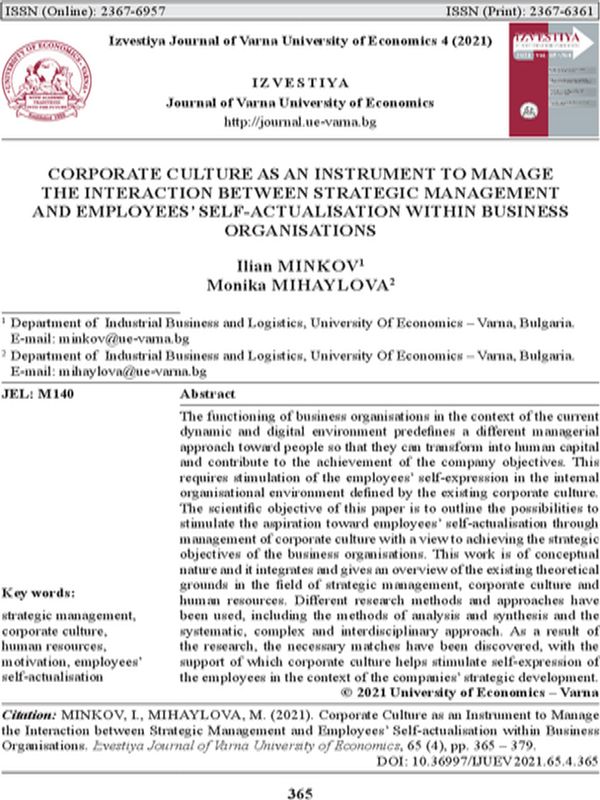 Corporate Culture as an Instrument to Manage the Interaction between Strategic Management and Employees` Self-actualisation within Business Organisations