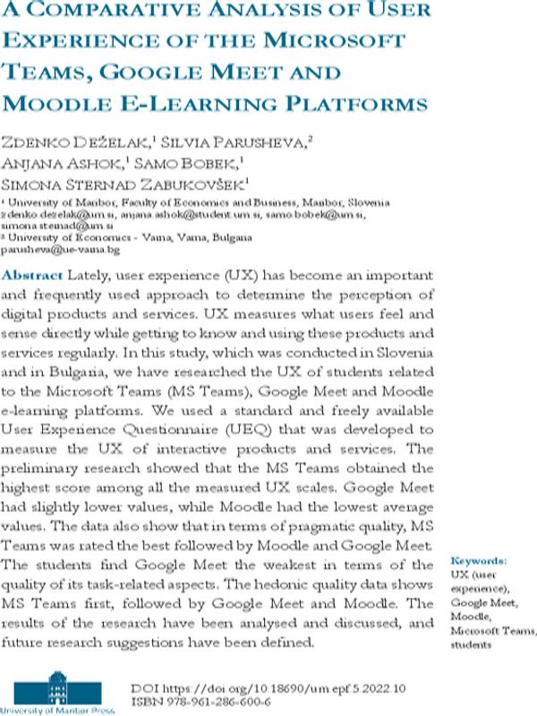 A Comparative Analysis of User Experience of the Microsoft Teams, Google Meet and Moodle E-Learning Platforms