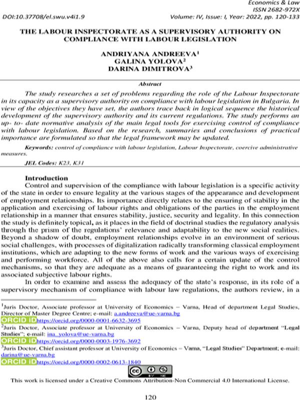 The Labour Inspectorate as a Supervisory Authority on Compliance with Labour Legislation