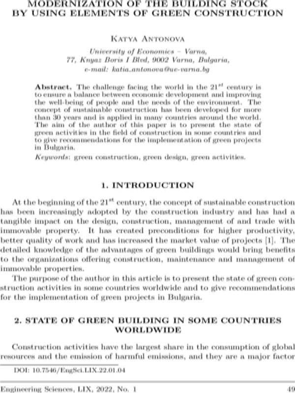 Modernization of the Building Stock by Using Elements of Green Construction