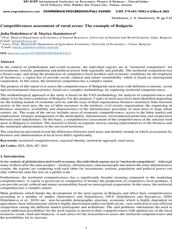 Competitiveness Assessment of Rural Areas: The Example of Bulgaria