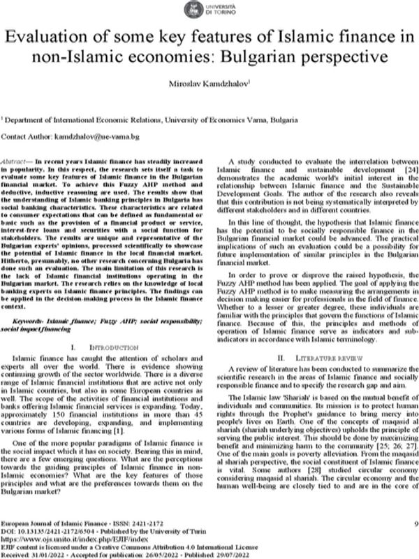 Evaluation of Some Key Features of Islamic Finance in Non-Islamic Economies: Bulgarian Perspective