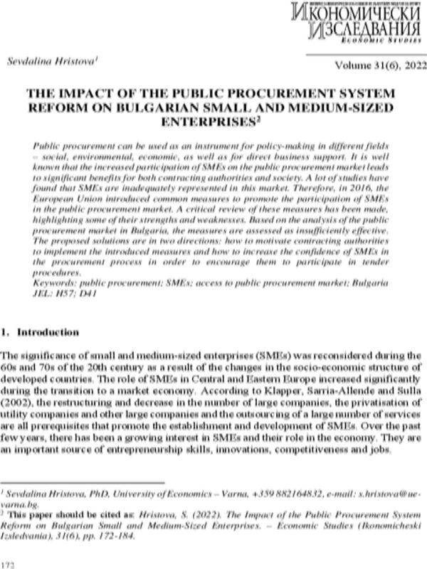 The Impact of the Public Procurement System Reform on Bulgarian Small and Medium-Sized Enterprises