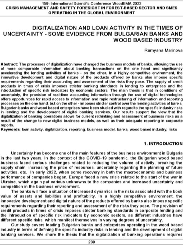 Digitalization and Loan Activity in the Times of Uncertainty - Some Evidence from Bulgarian Banks and Wood Based Industry