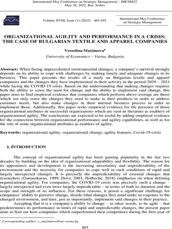 Organizational Agility and Performance in a Crisis: The Case of Bulgarian Textile and Apparel Companies