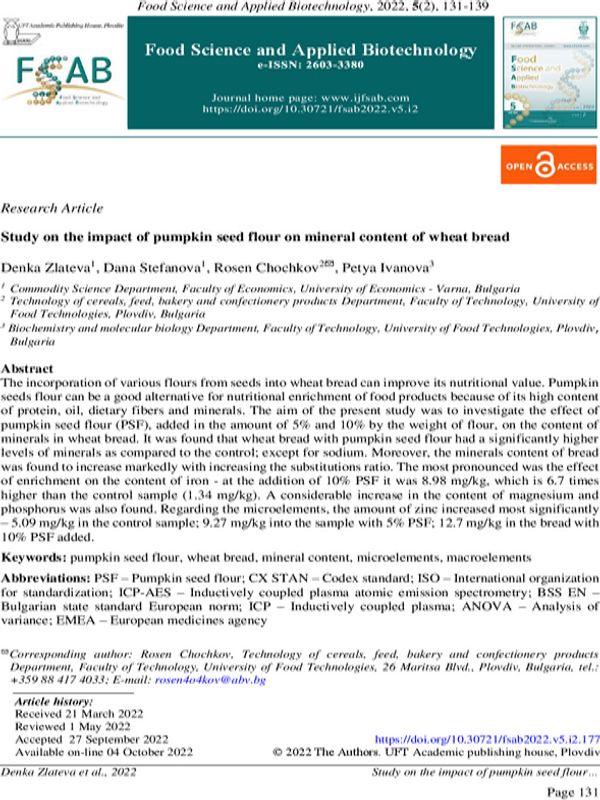 Study on the Impact of Pumpkin Seed Flour on Mineral Content of Wheat Bread